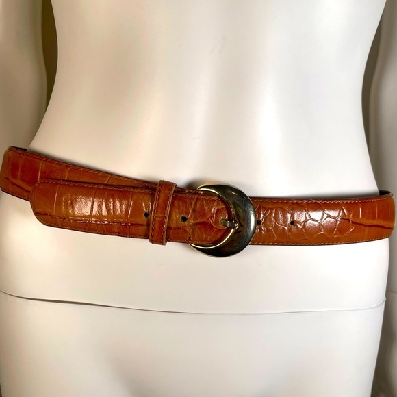 Vintage Genuine Alligator Belt Leather Camel Brown Brass Buckle 1.25” USA Made - Picture 1 of 13
